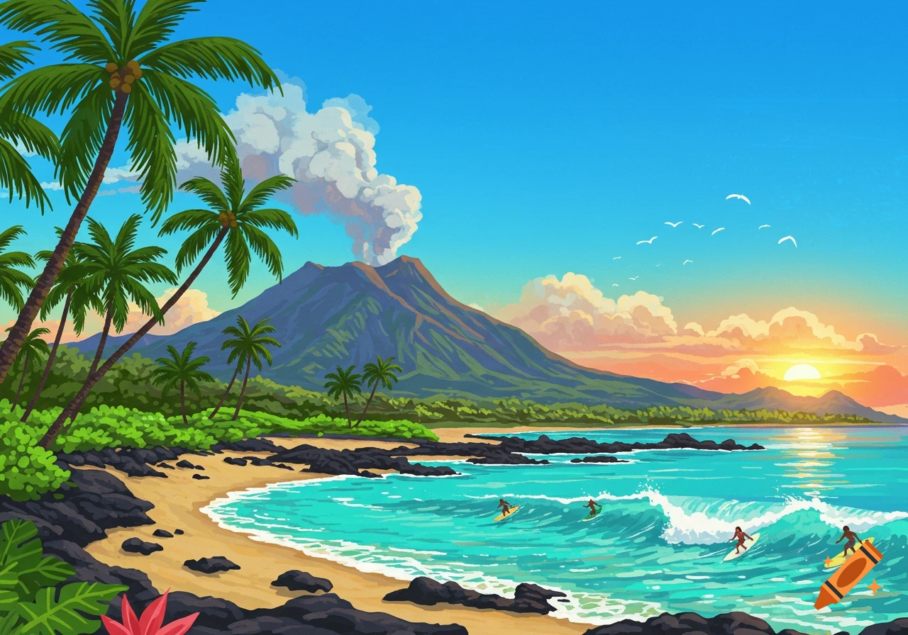 Illustration of a tropical beach scene with surfers, palm trees, and a smoking volcano at sunset.