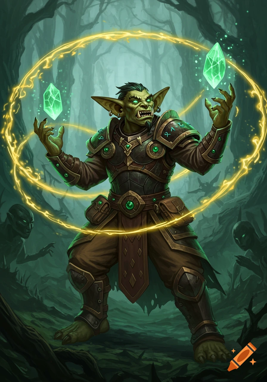Fantasy illustration of a hobgoblin sorcerer casting magic with green crystals in a forest