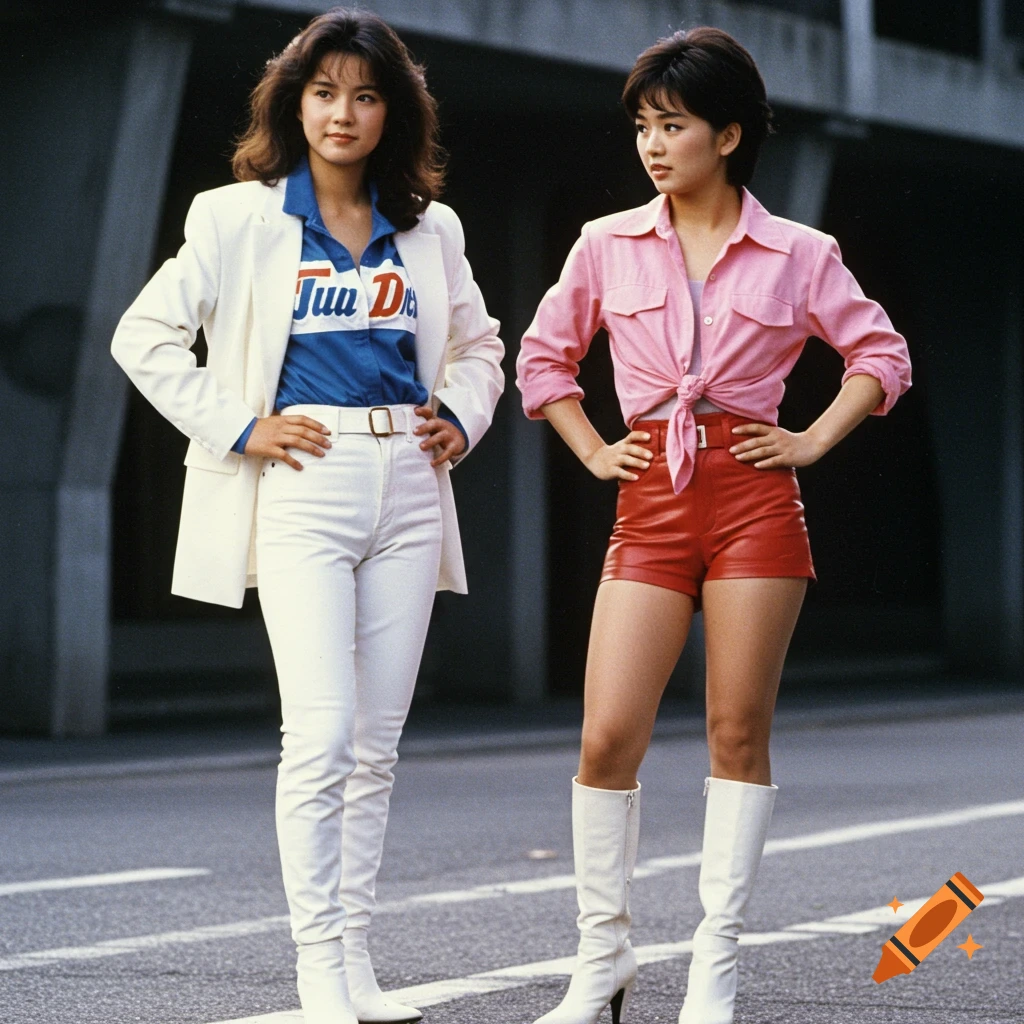 Two women in 1980s fashion pose on a street. One wears a white blazer over a blue shirt with white pants and boots. The other wears a pink shirt and red shorts with white boots.