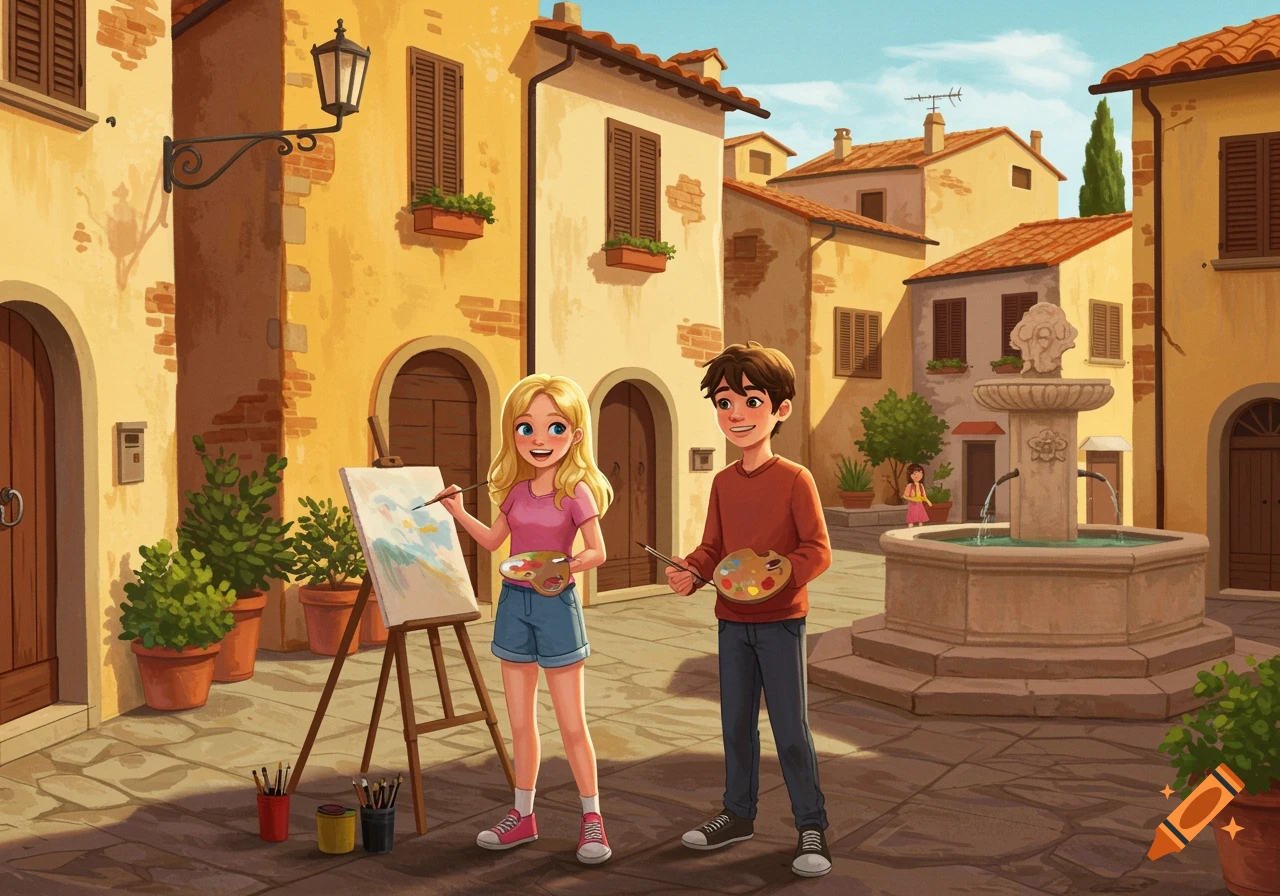 Two children painting in an Italian village square illustration.