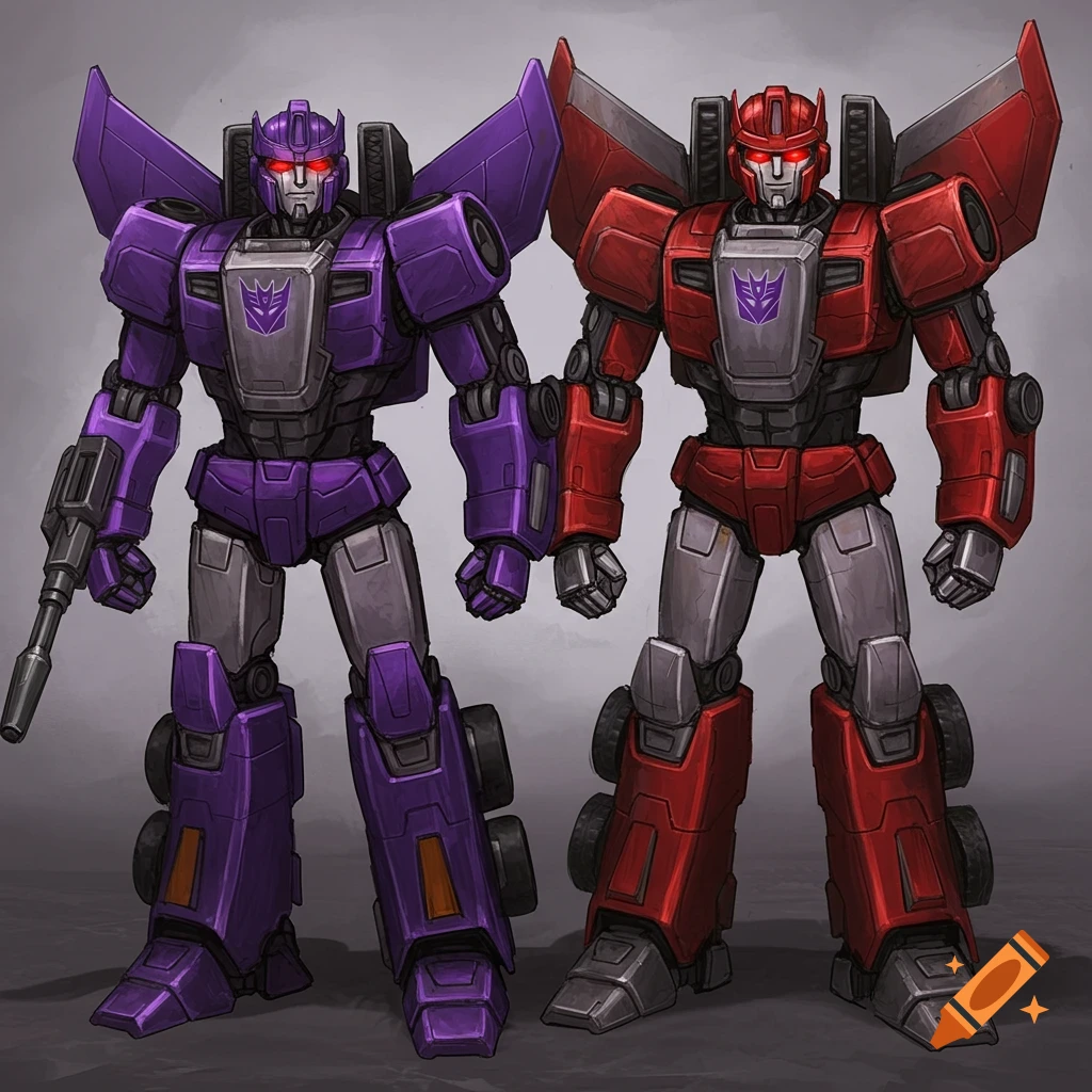 Two giant robots, one purple and one red, stand side by side.