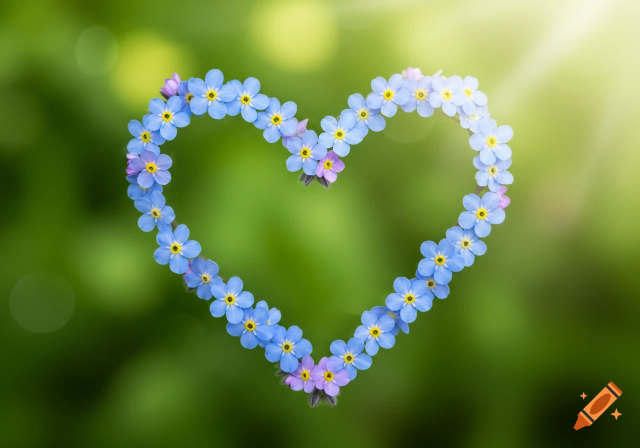 Blue forget-me-not flowers arranged in a heart shape against a blurred green background with sunlight.