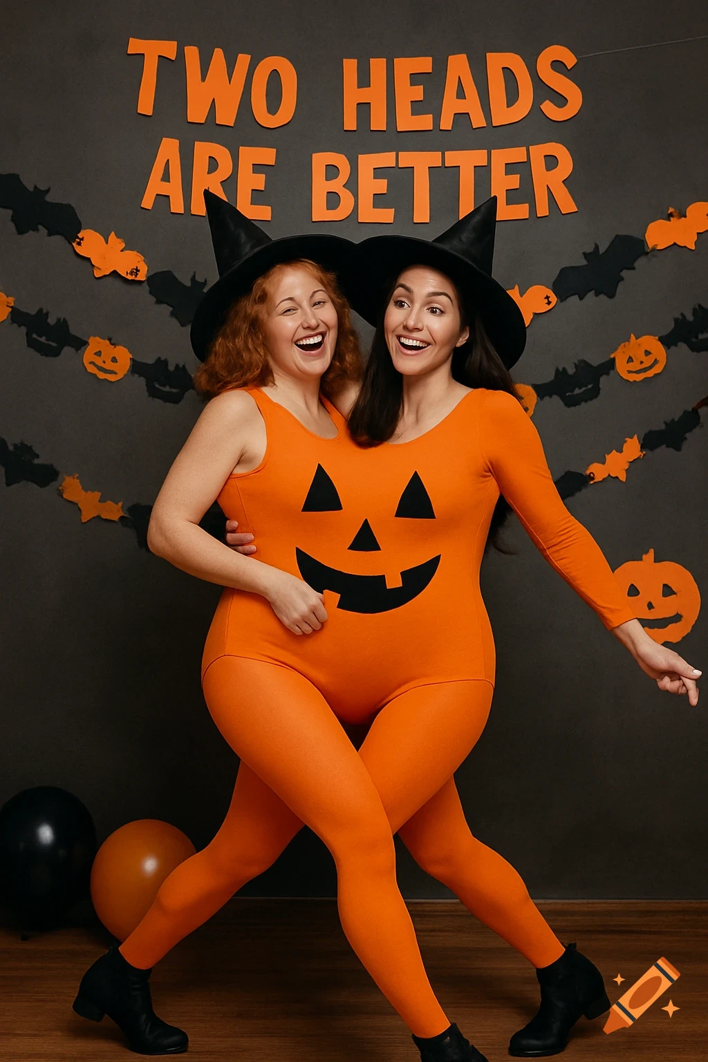 Two smiling women in a shared pumpkin costume and witch hats stand in front of a wall with 'TWO HEADS ARE BETTER' text and Halloween decorations.