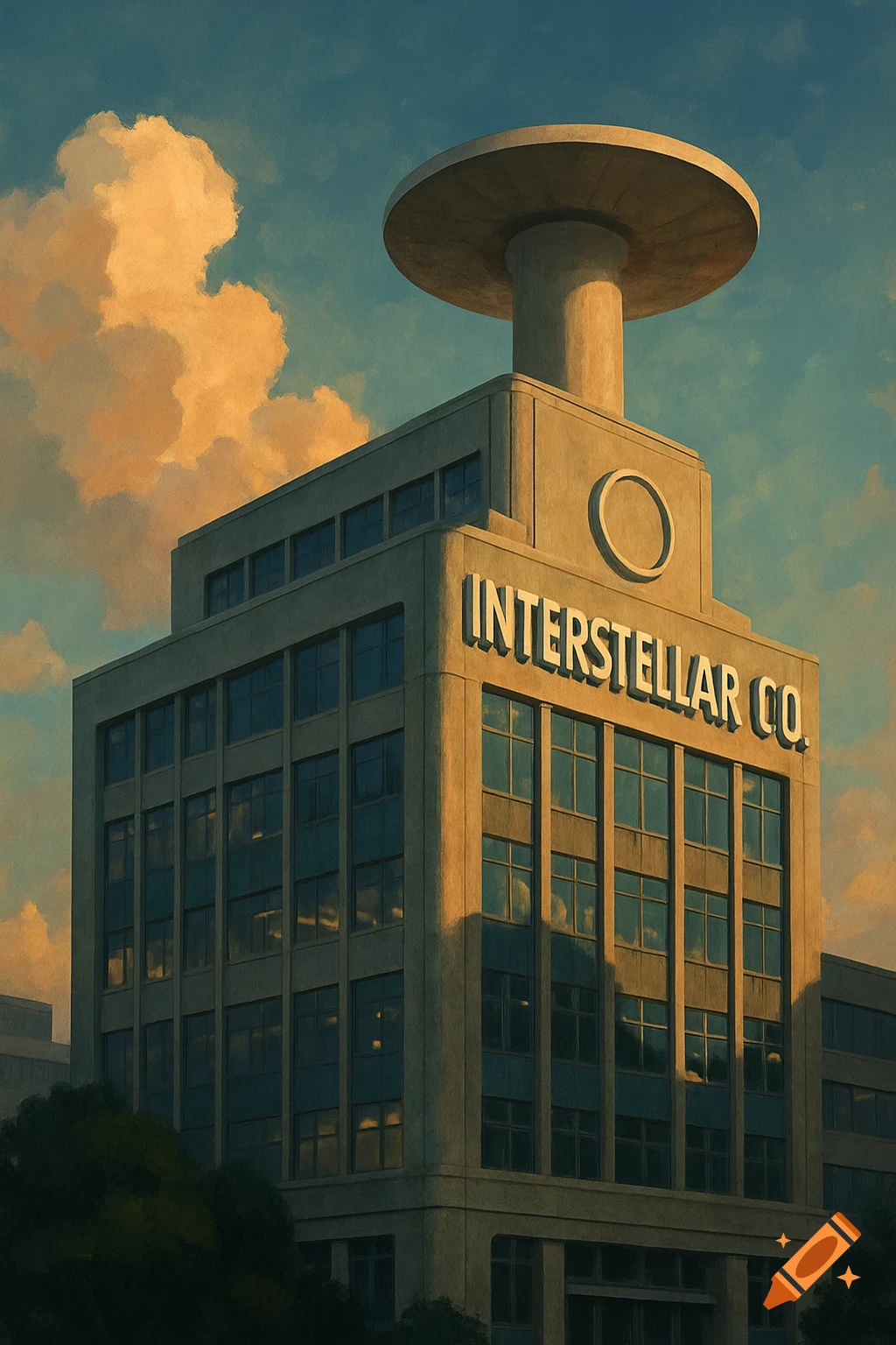 Illustrated view of a building with a round top structure and the words "INTERSTELLAR CO." on its facade, under a cloudy sky.