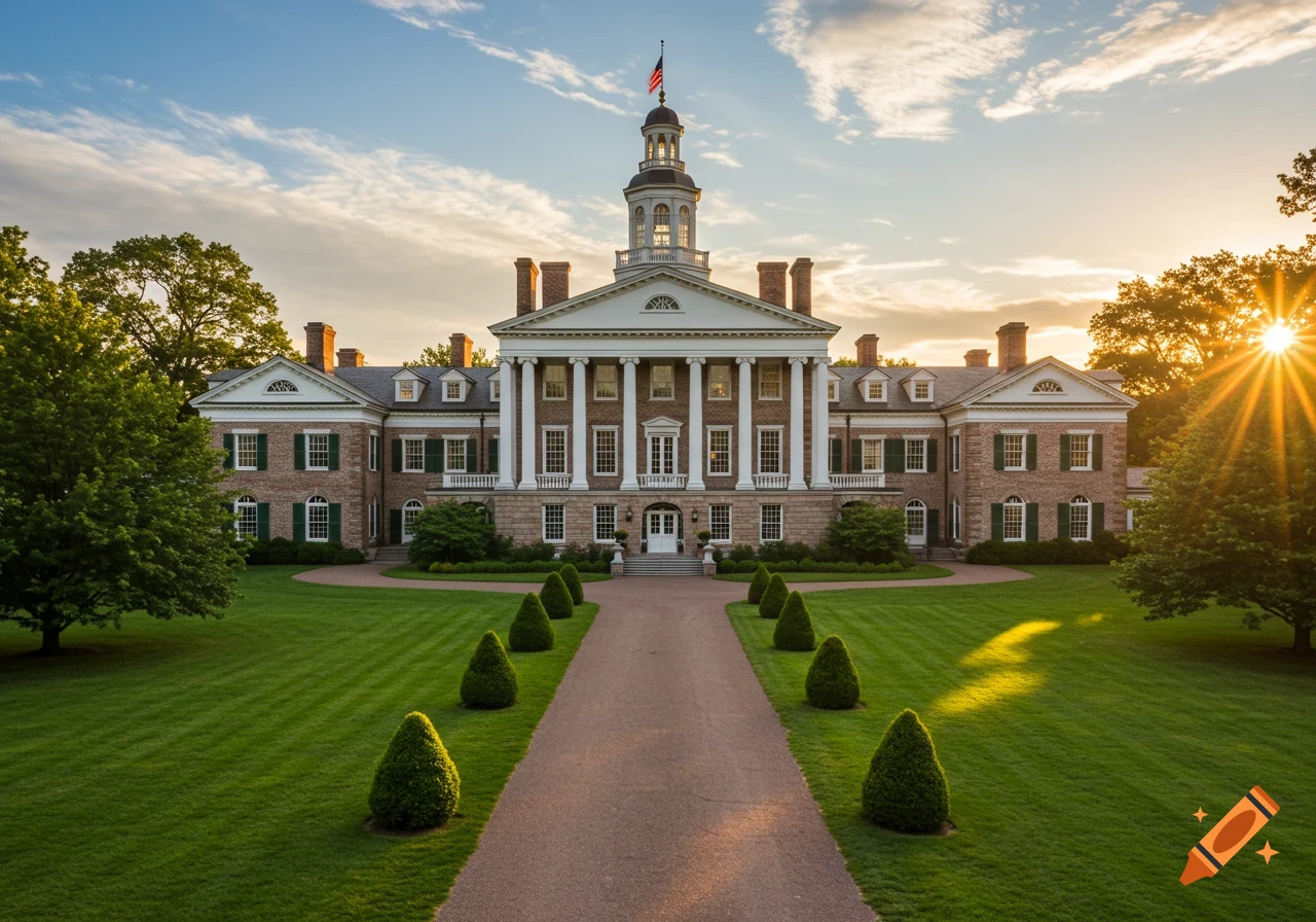 A grand mansion with white columns and a cupola under a vibrant sunset sky.