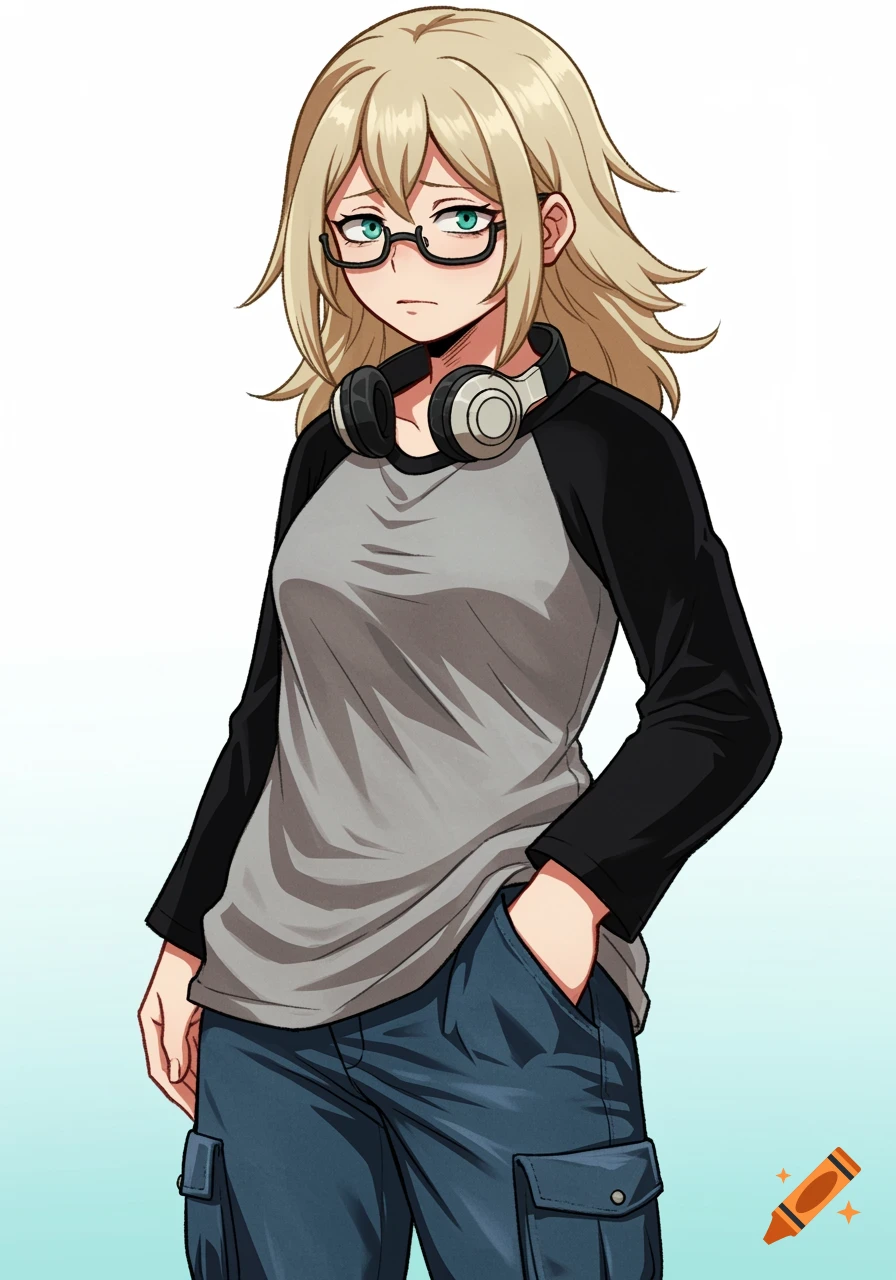 Anime character with blonde hair, glasses, headphones, grey and black long-sleeved shirt, and cargo pants, hands in pockets
