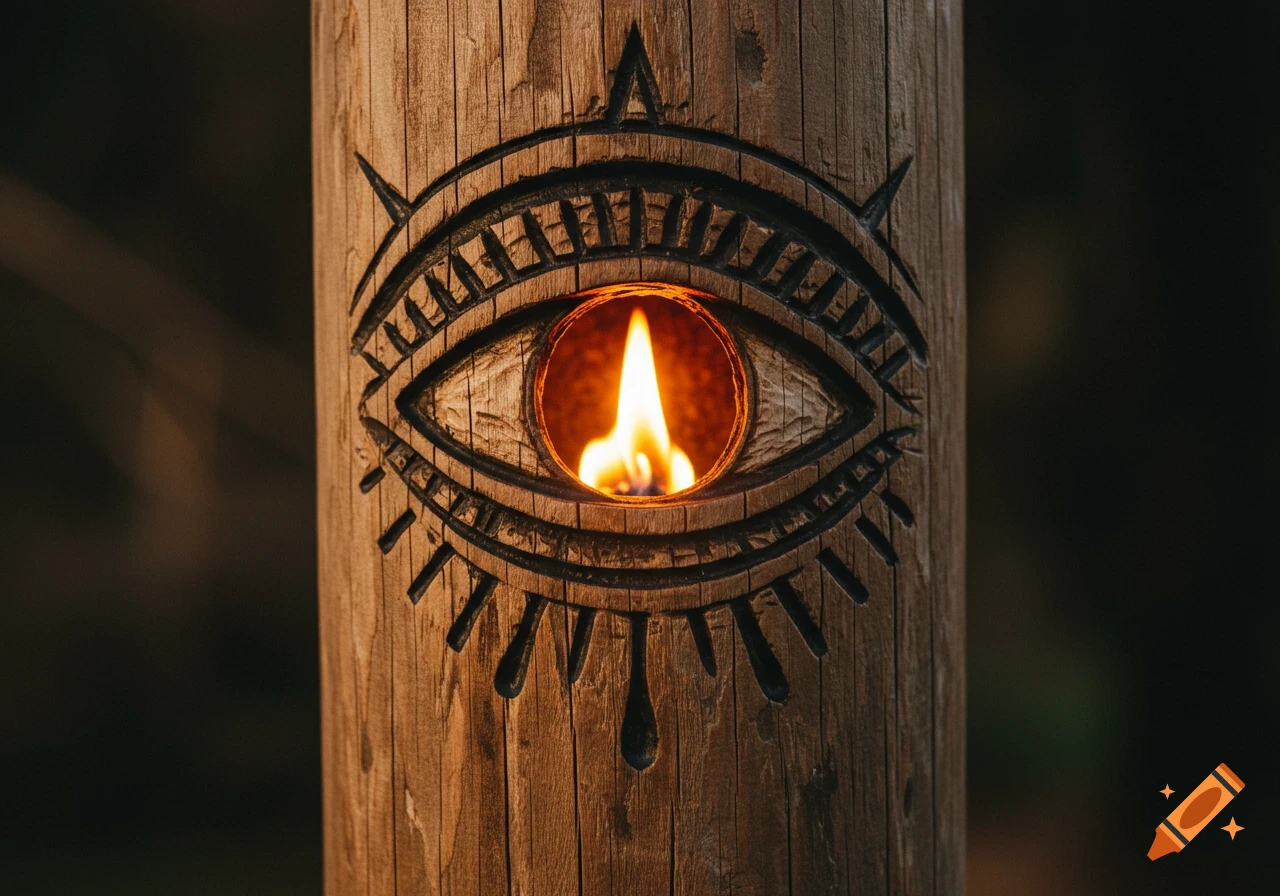 Carved eye sigil on a wooden post with a flame in the center, photorealistic.