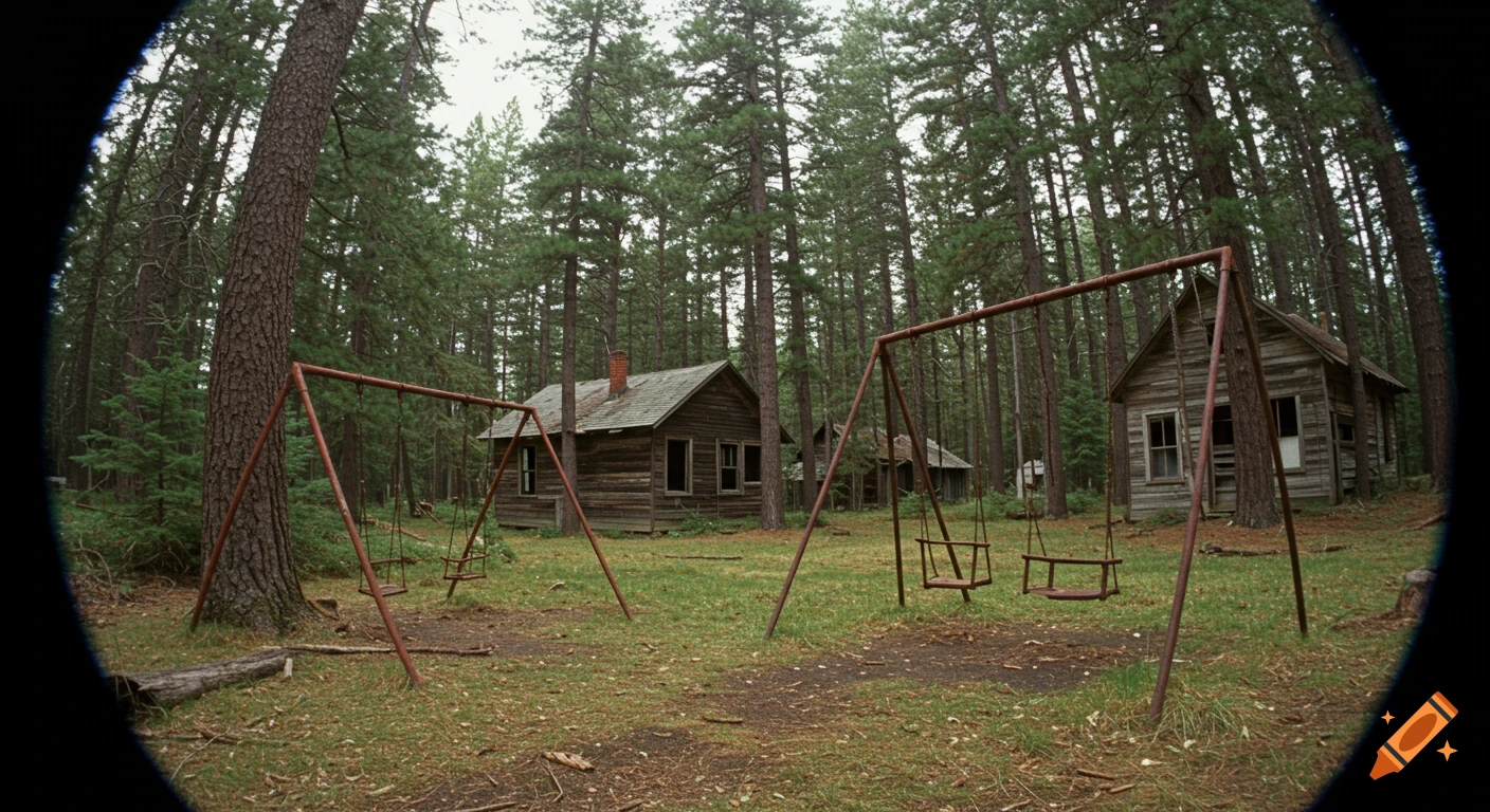 A wide-angle view through a fisheye lens of abandoned wooden houses and rusty swingsets in a dark forest.