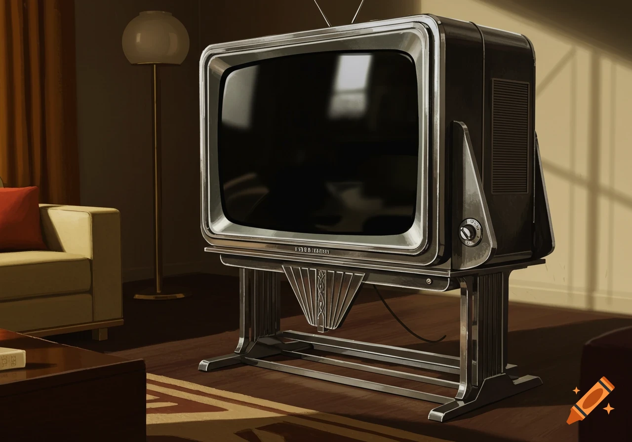 A vintage television on a stand in a retro living room with furniture and a lamp.