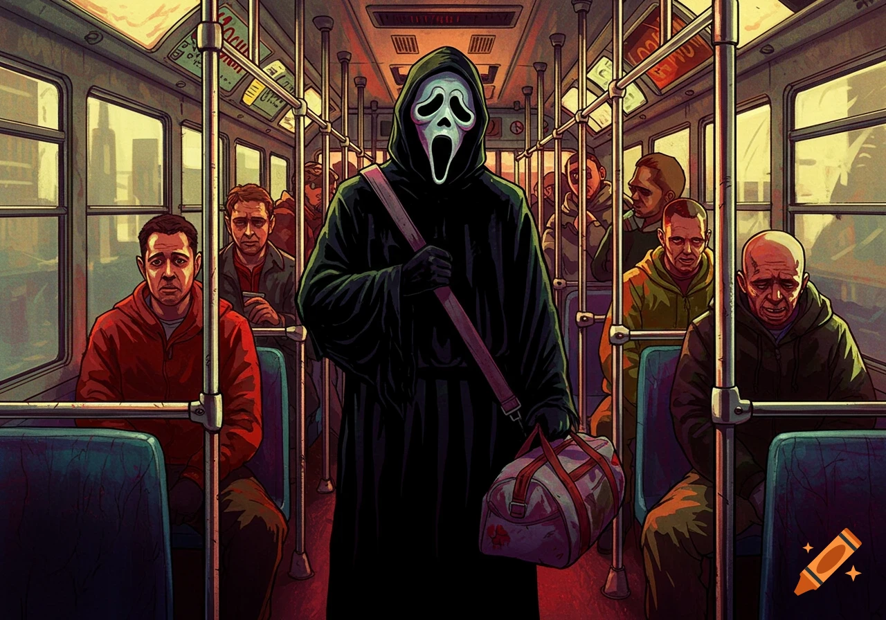 Ghostface in a long black robe stands in a crowded bus with scared passengers, holding a duffel bag, in a stylized horror illustration.