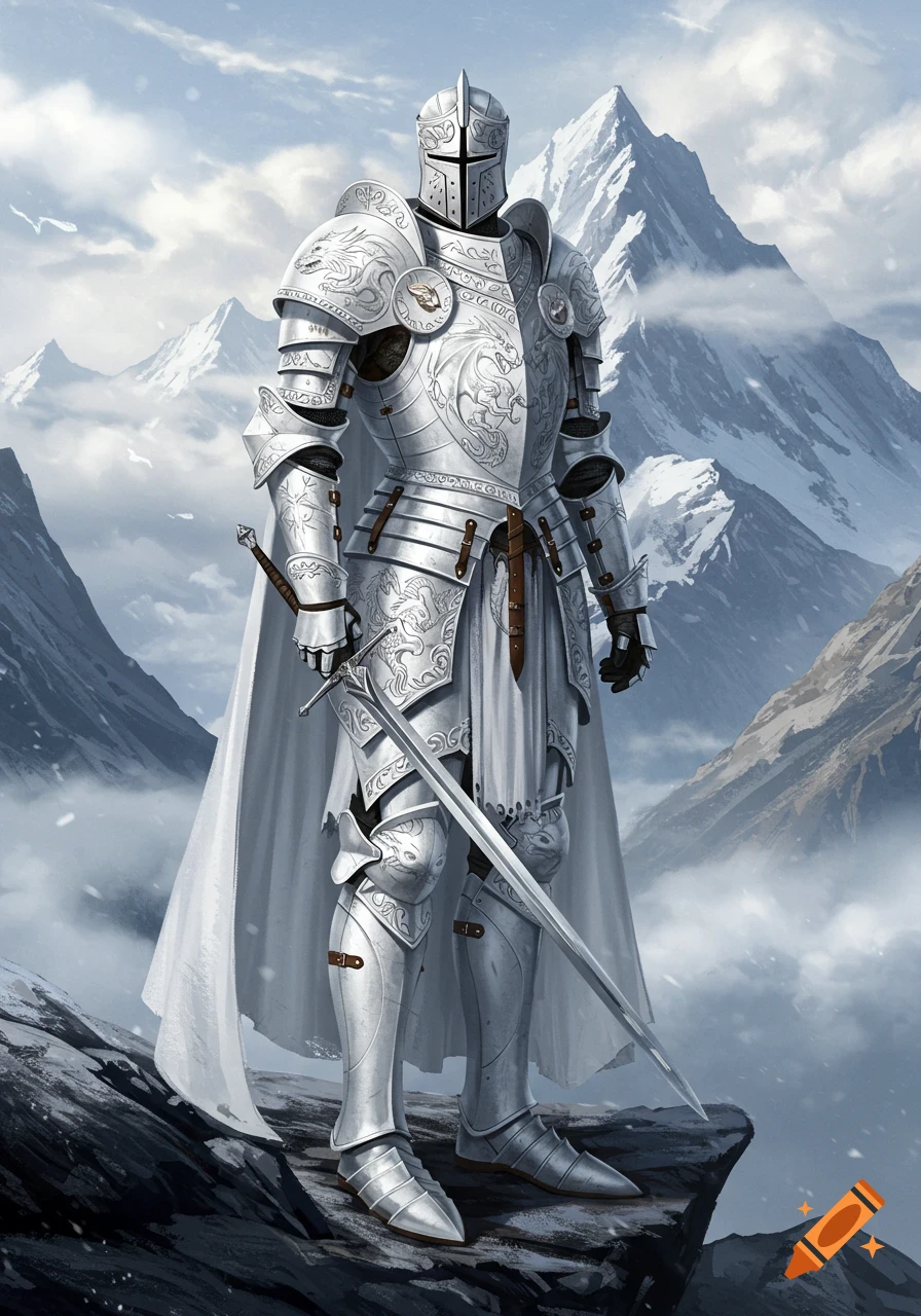 A fully armored white knight stands on a rocky cliff overlooking snowy mountains.