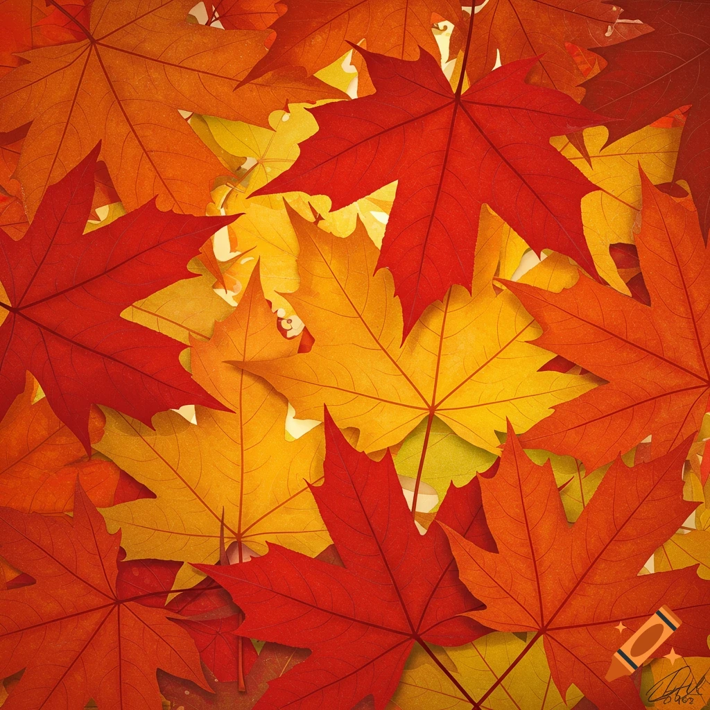 A close-up view of overlapping red, orange, and yellow maple leaves.