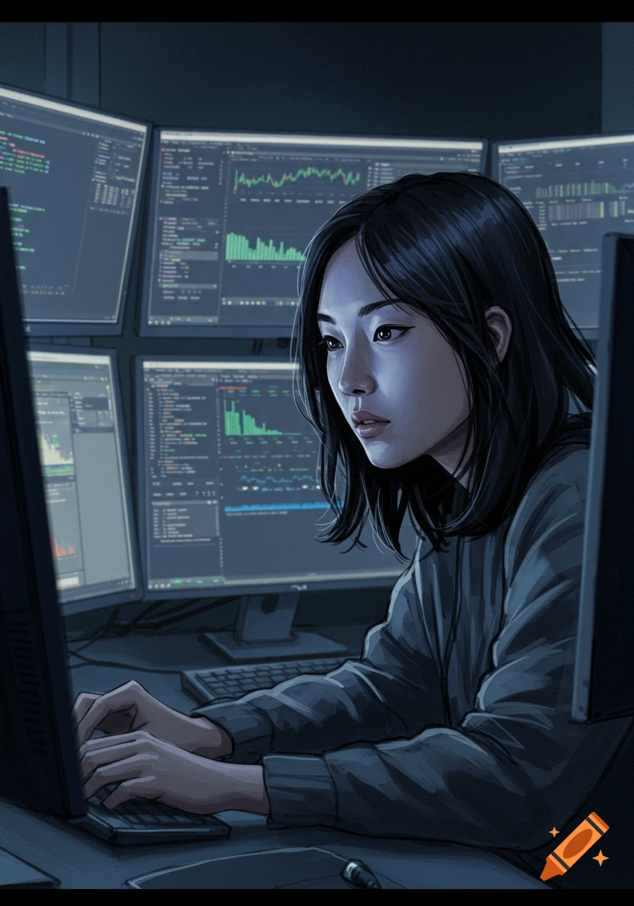 Illustration of a person working intently on multiple computer monitors showing code and data, in a dark room.