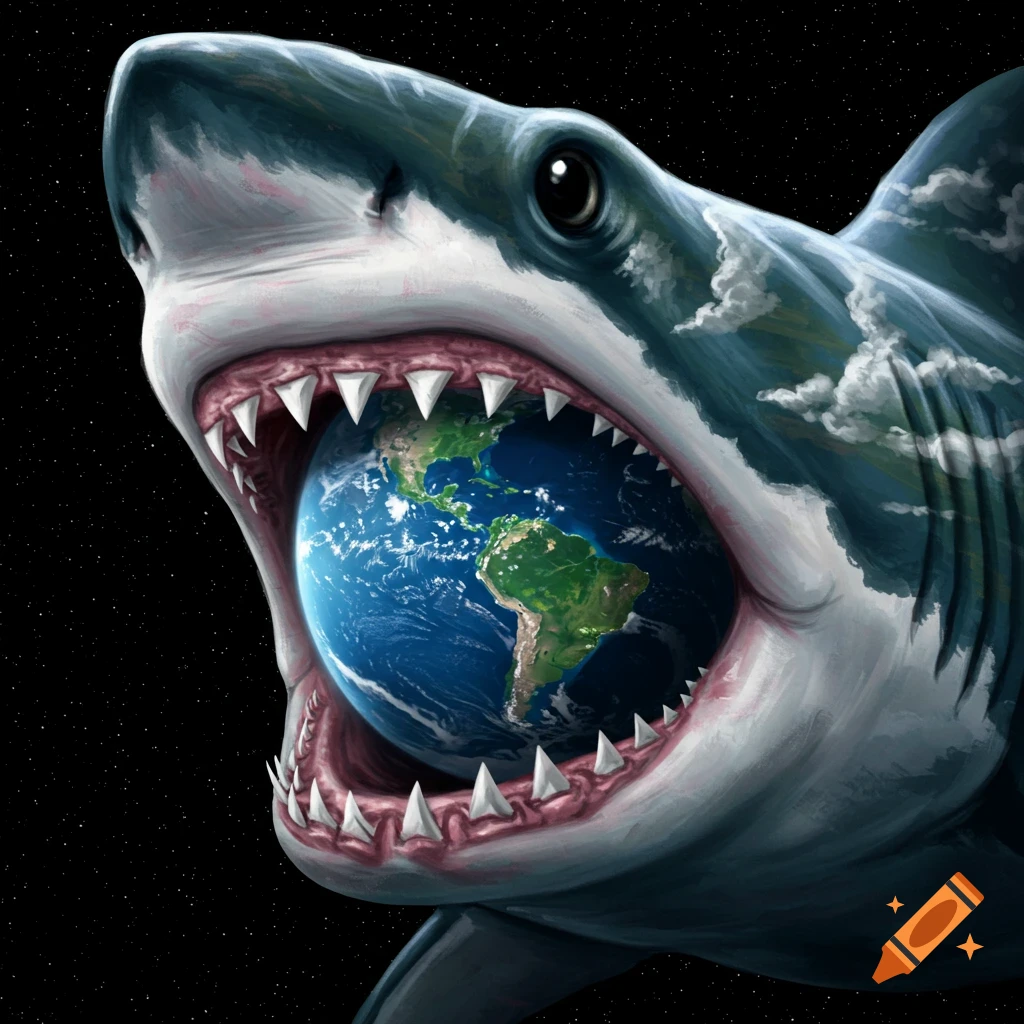 Illustration of a shark with the Earth in its mouth, in space