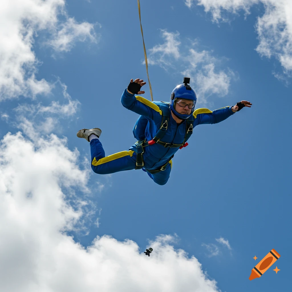 A skydiver in a blue and yellow suit falls through a cloudy blue sky.