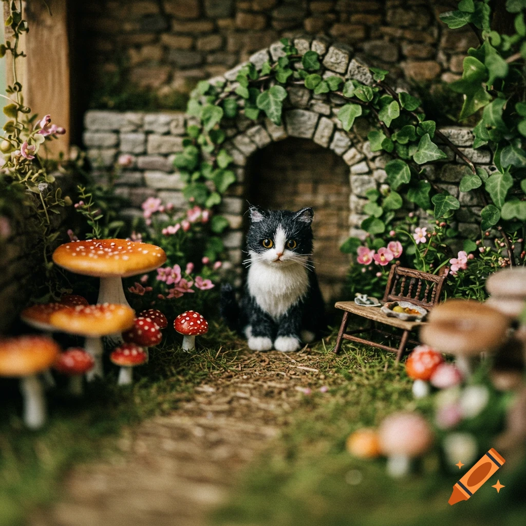 A miniature black and white cat sits in a tiny garden diorama among large mushrooms and ivy.