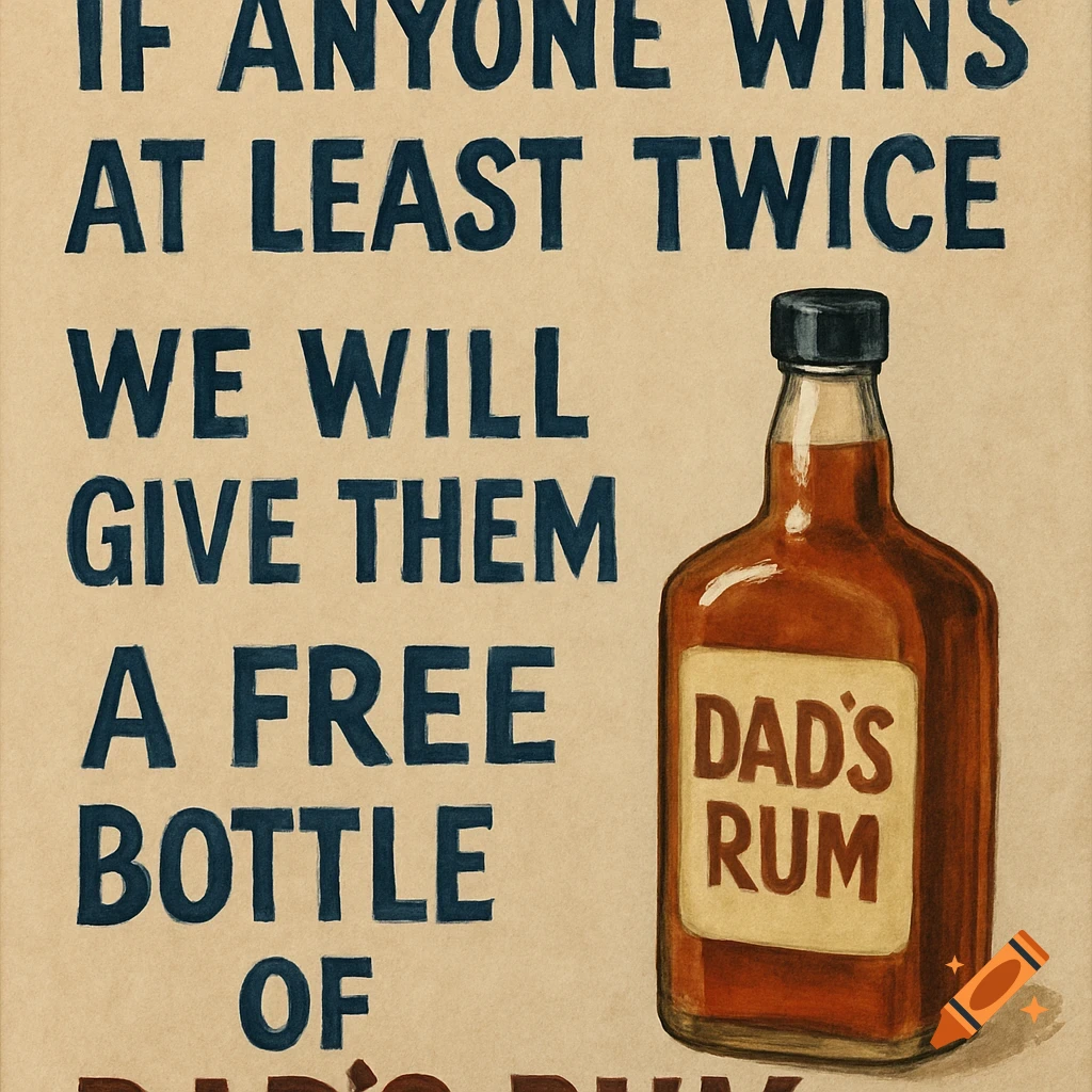 Poster with dark blue text and a bottle of rum against a tan background.