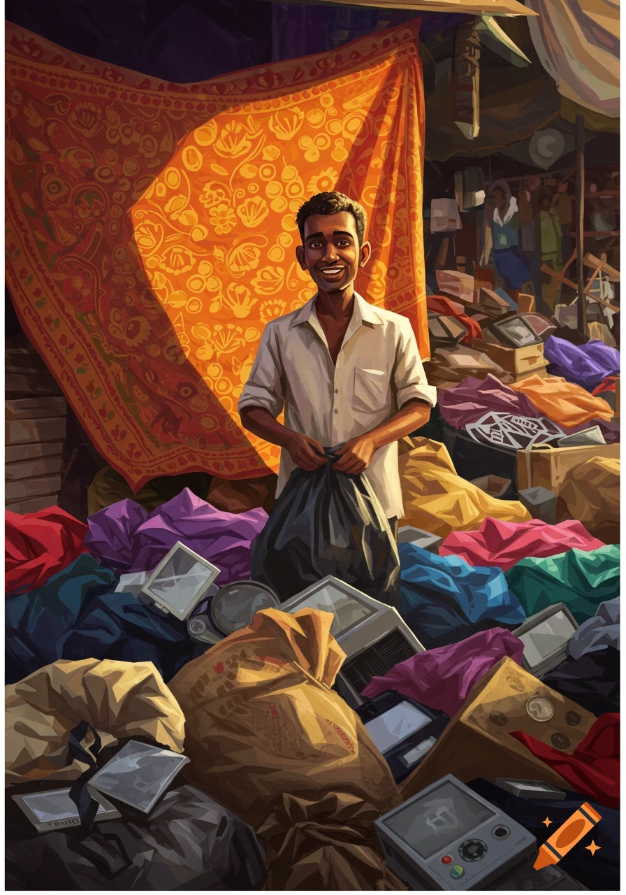 Smiling man stands in a pile of junk, holding a bag, in a painterly style.