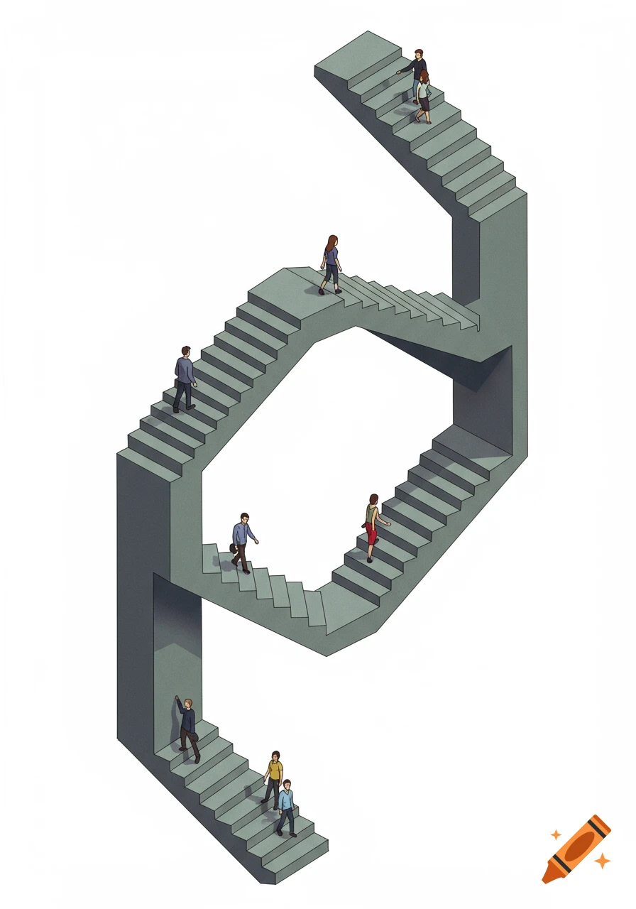 Illustration of an impossible optical illusion staircase with small figures walking on it.