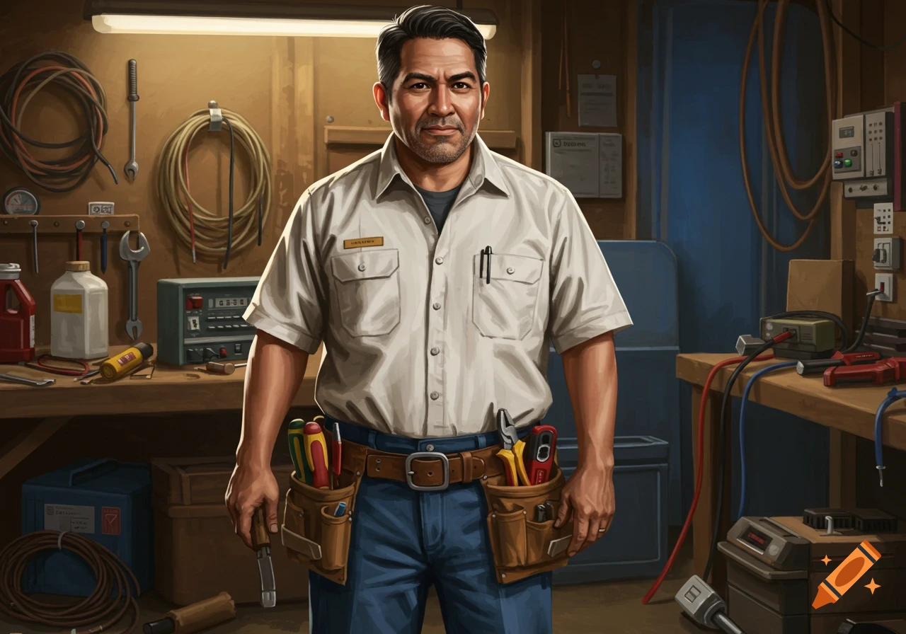 A man who appears to be an electrician stands in a workshop, wearing a tool belt.