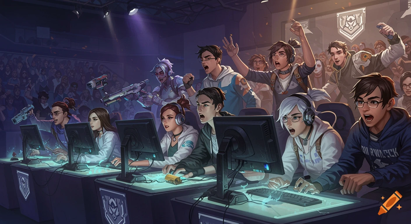 Players compete at computers in a crowded esports arena, with a cheering audience behind them.
