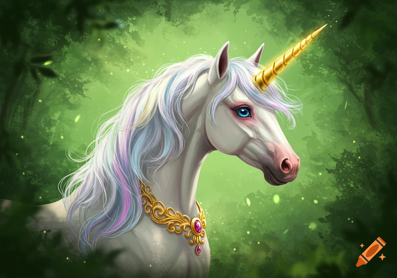 A majestic white unicorn with a golden horn and jeweled necklace stands in a green forest.