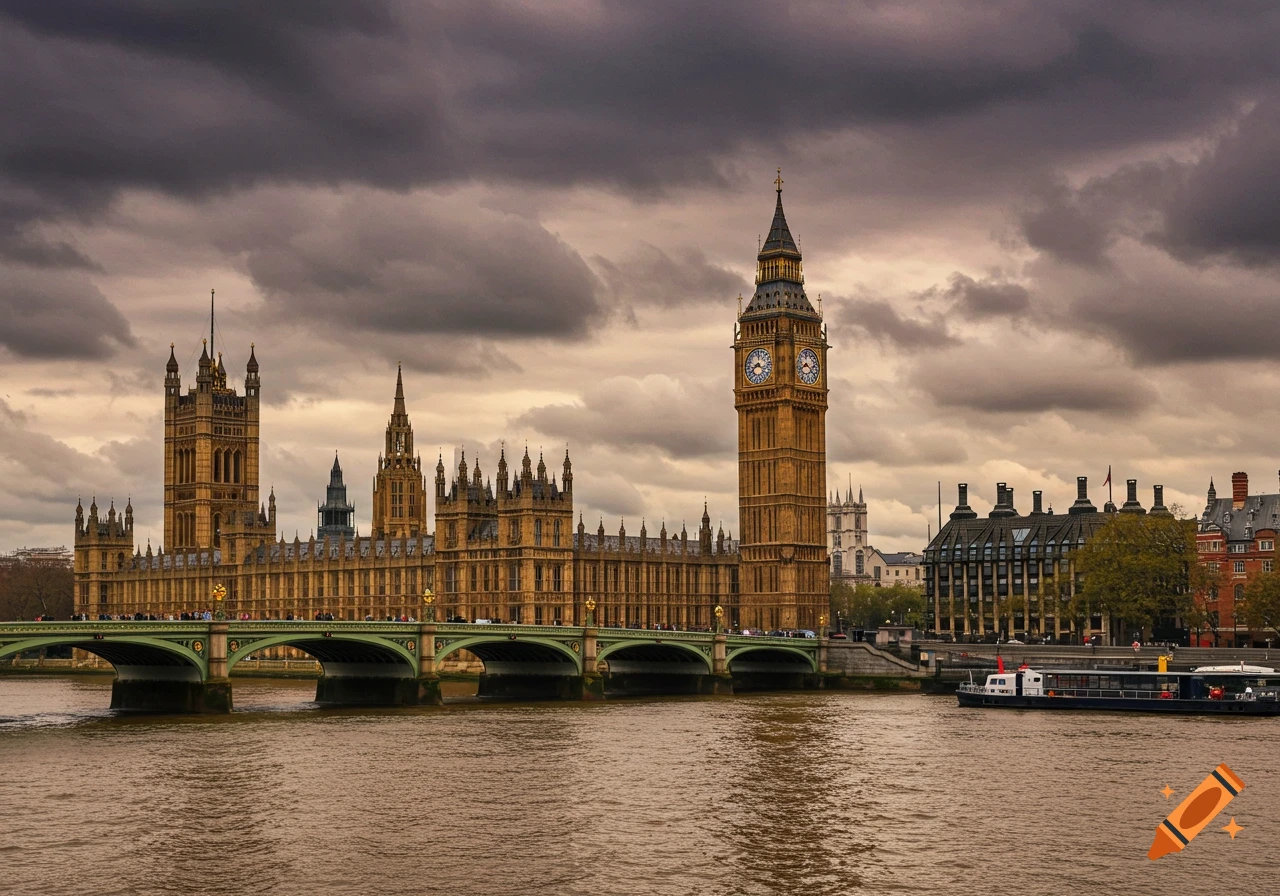 View of the Palace of Westminster and Big Ben from the Thames river under cloudy skies.