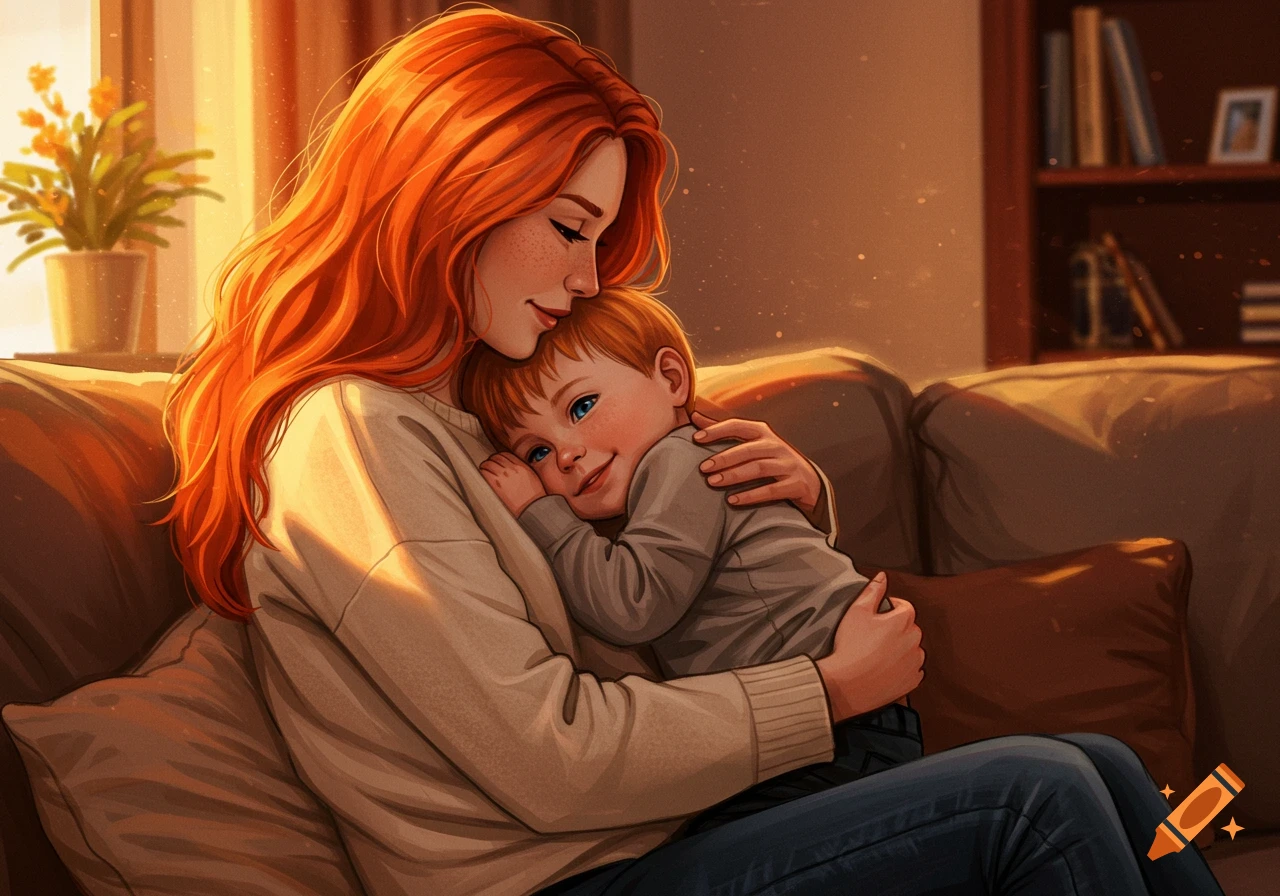 Red-haired mother hugs her child on a couch in warm light.