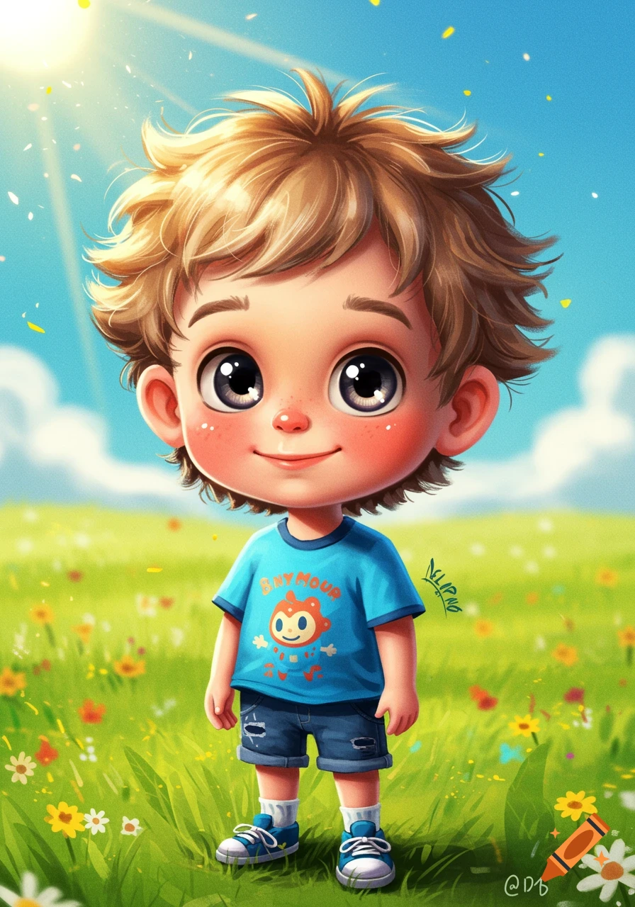 Cute cartoon boy with big eyes in a sunny field of flowers.
