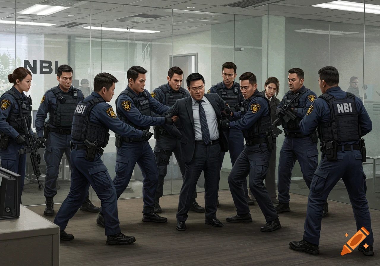 Law enforcement officers arrest a man in an office.