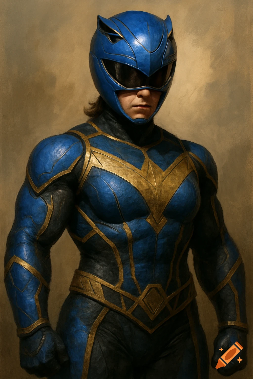 A painterly portrait of a person in a blue and gold armored superhero costume and helmet.
