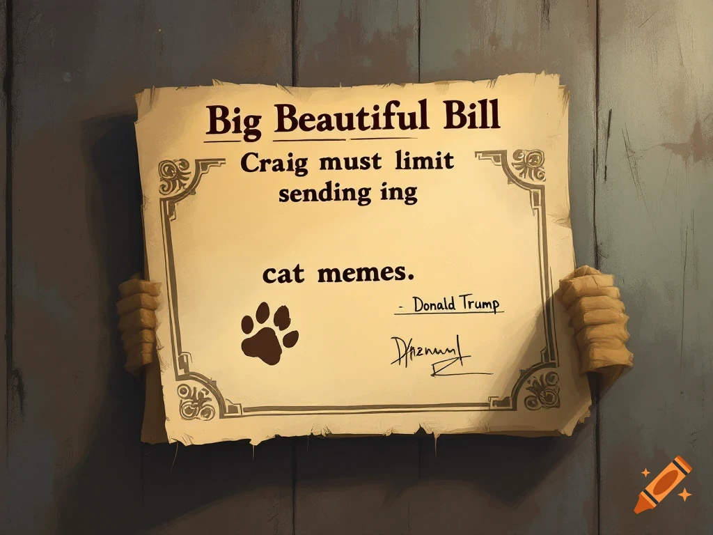A document titled 'Big Beautiful Bill' with text about limiting cat memes, a paw print, and a signature, held by hands.