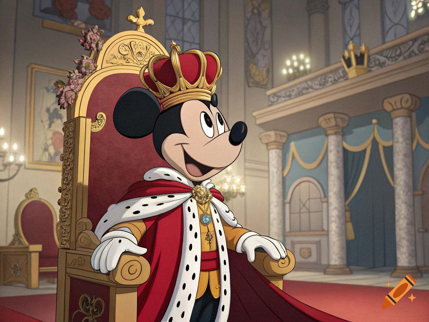 Mickey Mouse dressed as a king sits on a large red and gold throne in a grand palace.