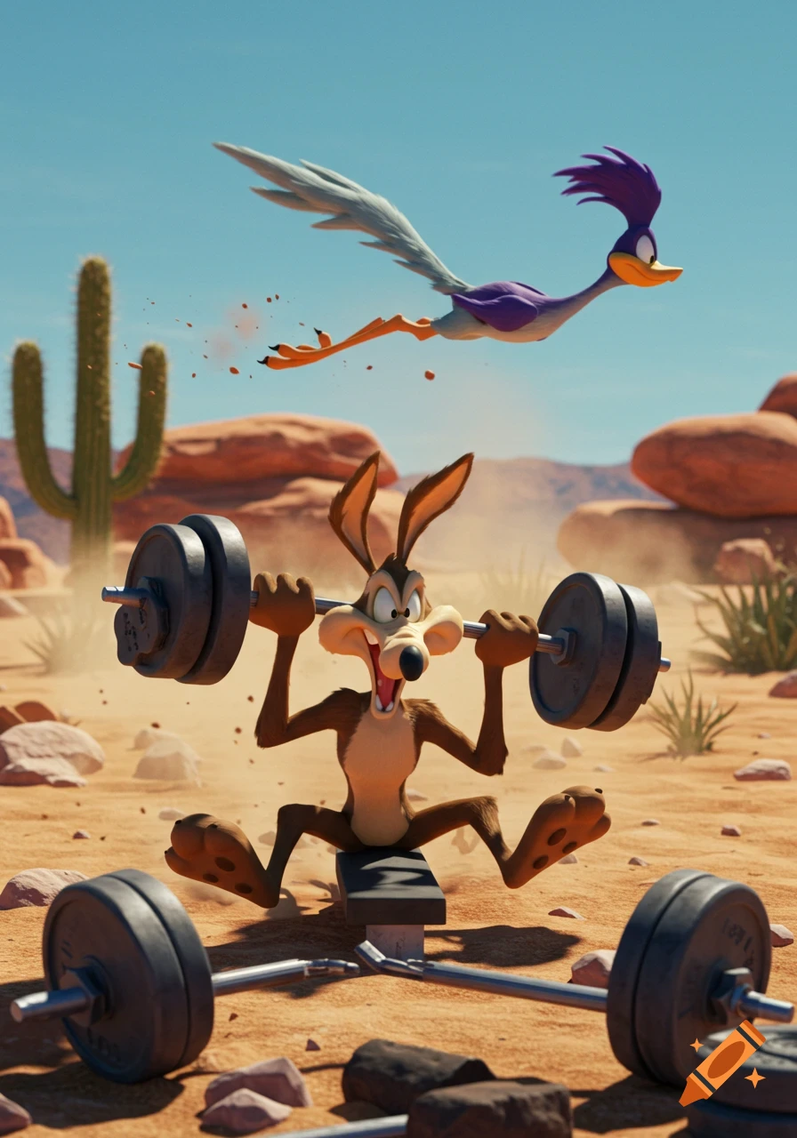 Wile E. Coyote struggles to lift heavy weights in the desert as the Road Runner speeds past above him. Rendered cartoon style.