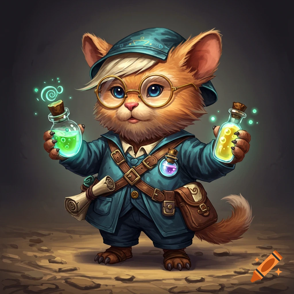 Tiny furry creature in a suit and glasses holding glowing vials, fantasy art