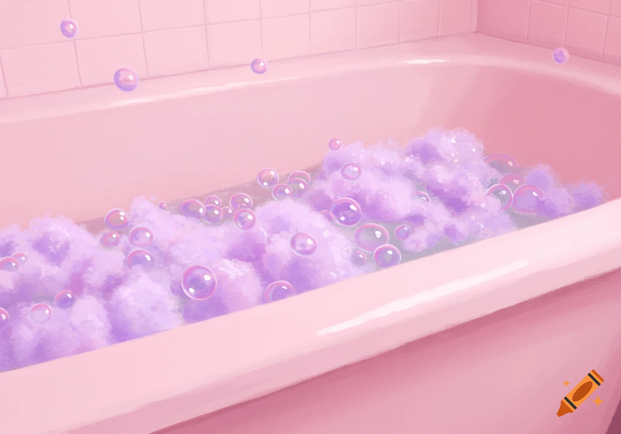 Pastel pink bathtub filled with pastel purple bubbles