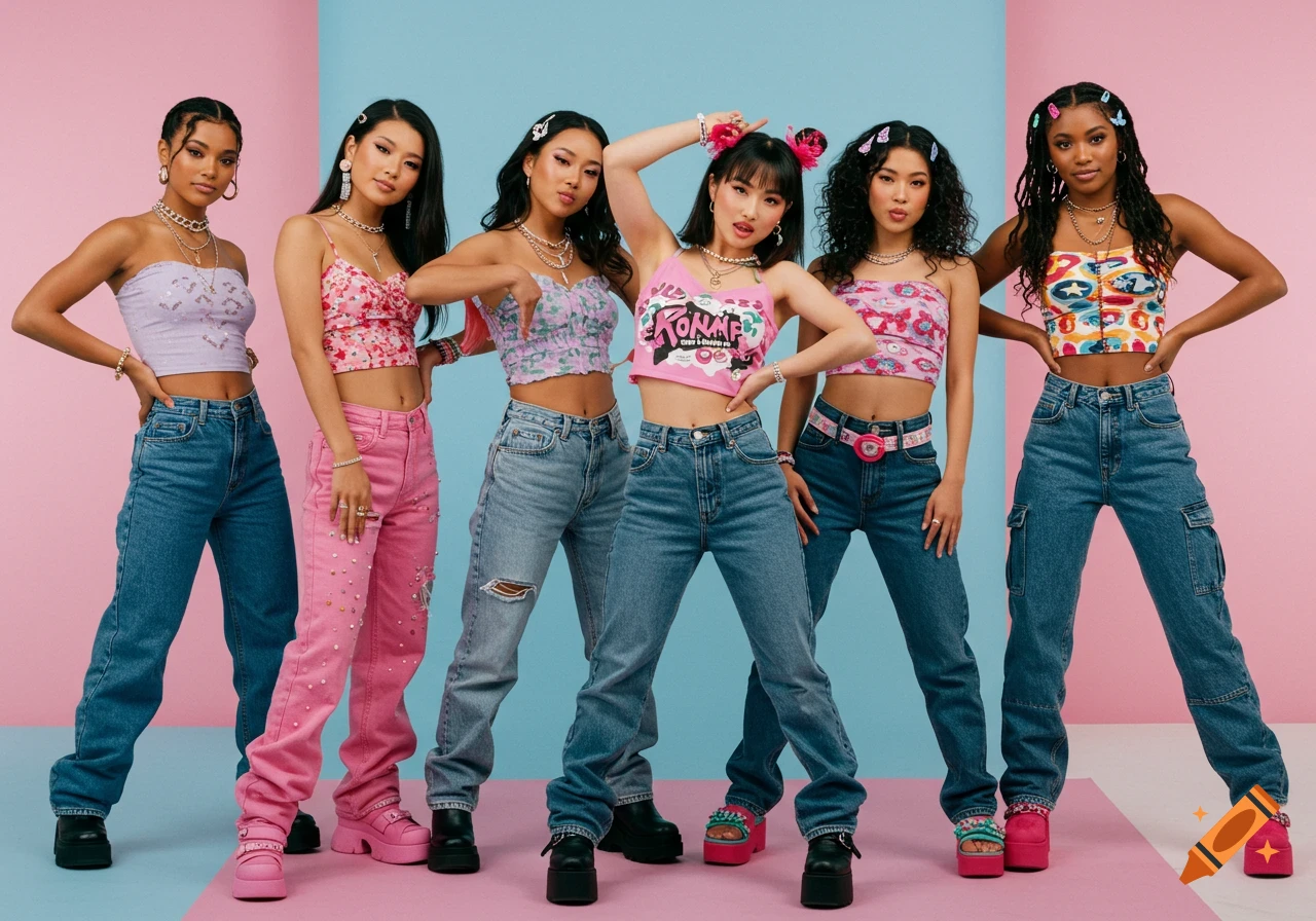 Six young women pose in a studio wearing colorful Y2K fashion outfits.
