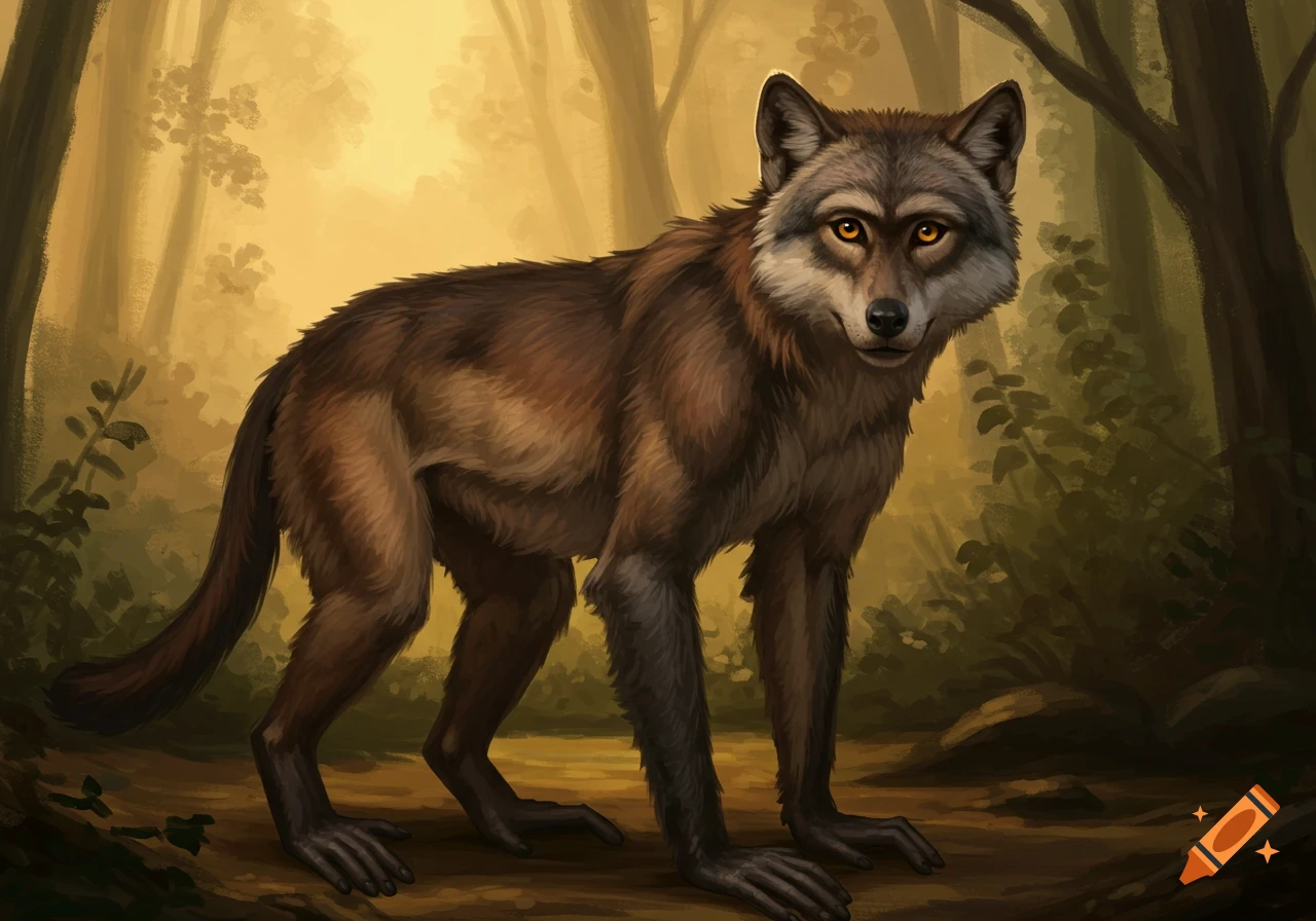 Digital painting of a wolf-monkey creature standing in a golden forest.