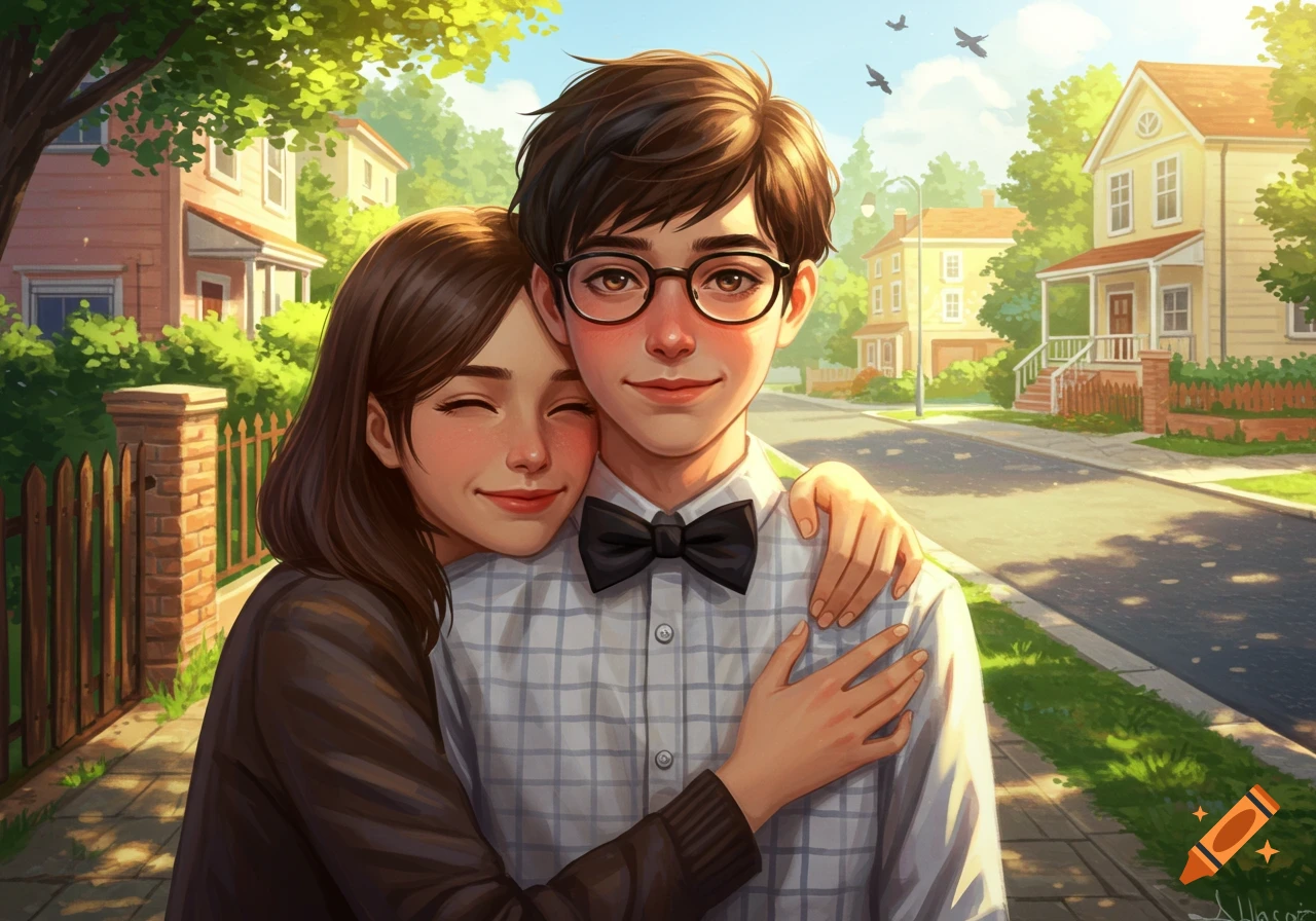 Illustration of a young couple hugging on a suburban street.
