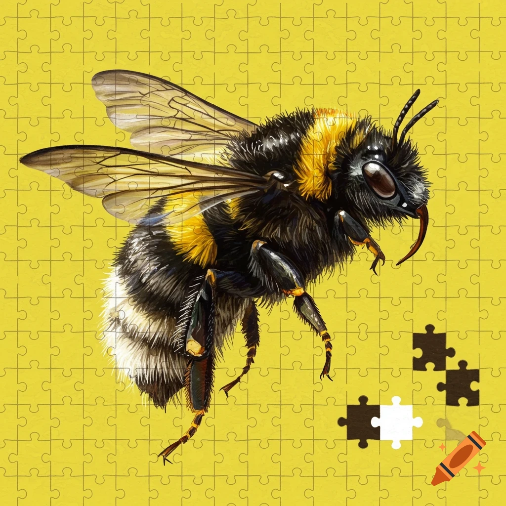 A detailed illustration of a bumblebee flying over a yellow jigsaw puzzle background with detached pieces.