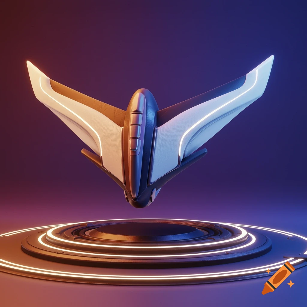 A 3D rendered futuristic logo or ship above a glowing circular platform