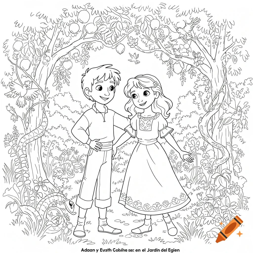 A boy and a girl stand together in a lush garden. Black and white line drawing coloring page.