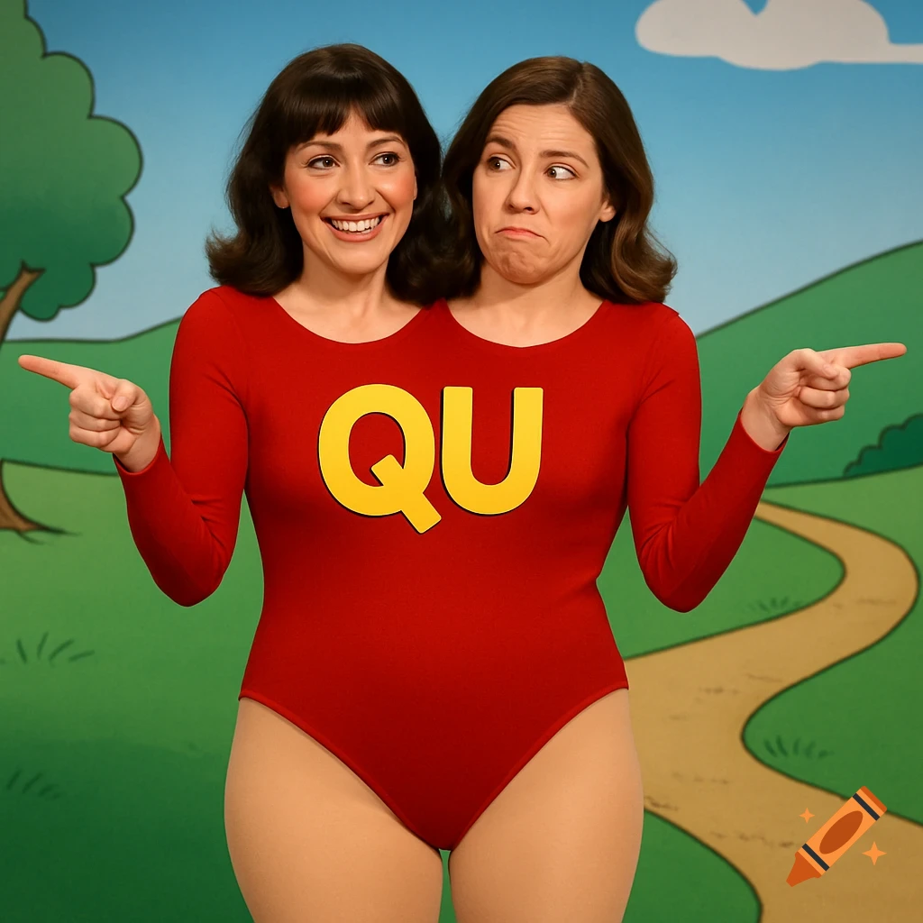 Two women sharing a single body with 'QU' on leotard, pointing in opposite directions in a cartoon landscape.