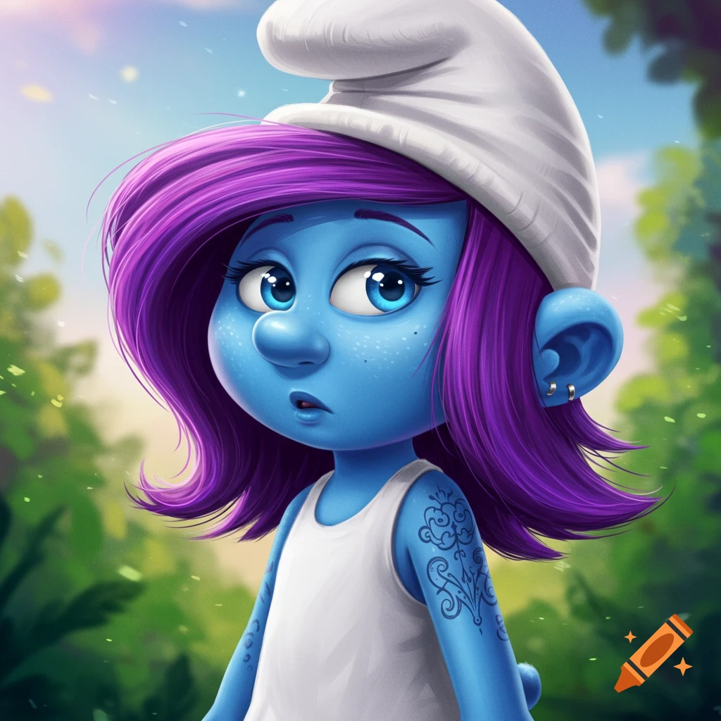 Cartoon Smurf girl with purple hair, tattoo, and earrings