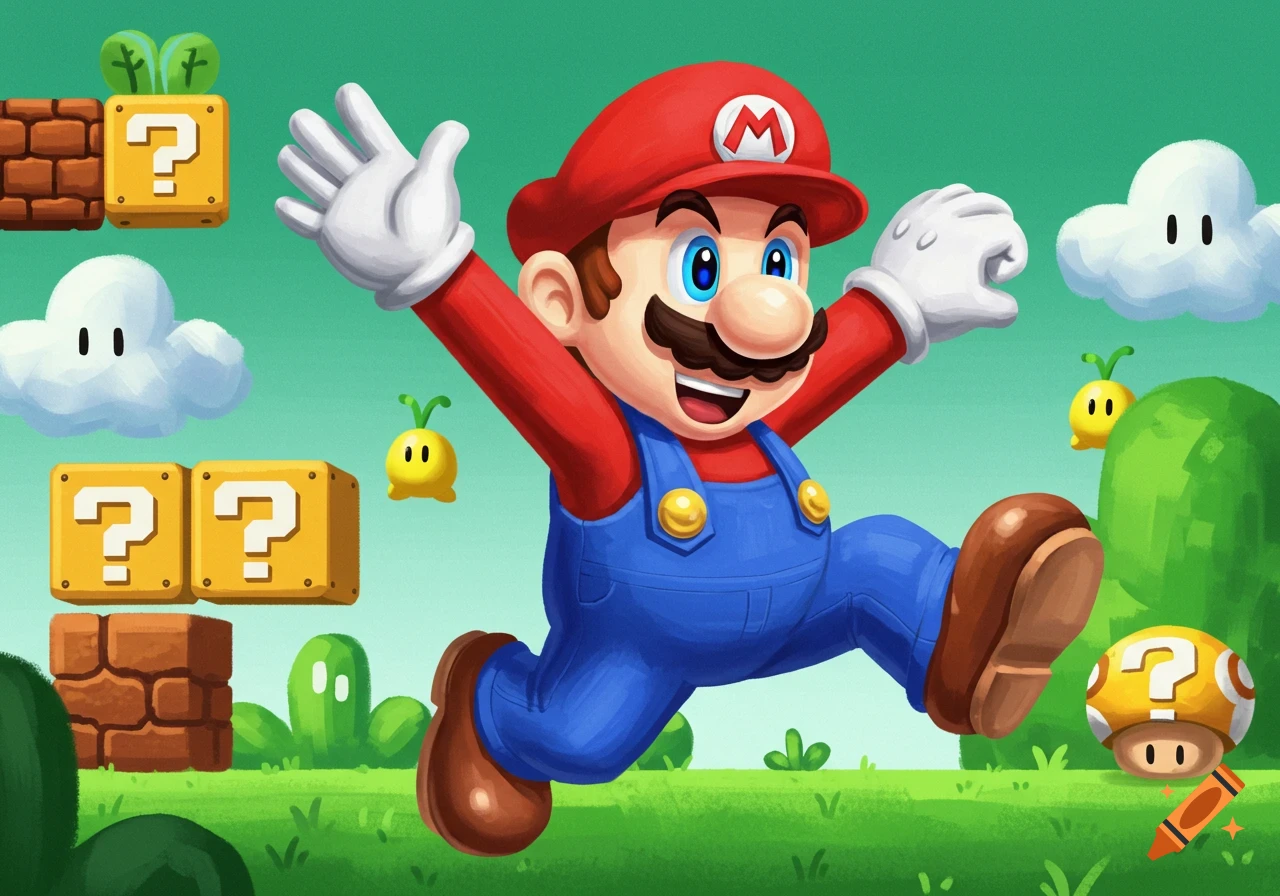 Cartoon illustration of Super Mario jumping in a video game level with question blocks, clouds, and enemies.