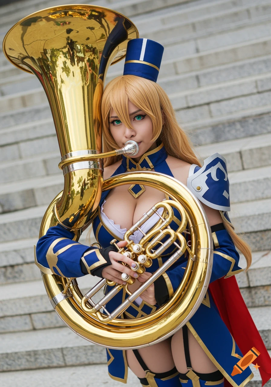 A woman in a blue and gold cosplay outfit with a red cape plays a large tuba.