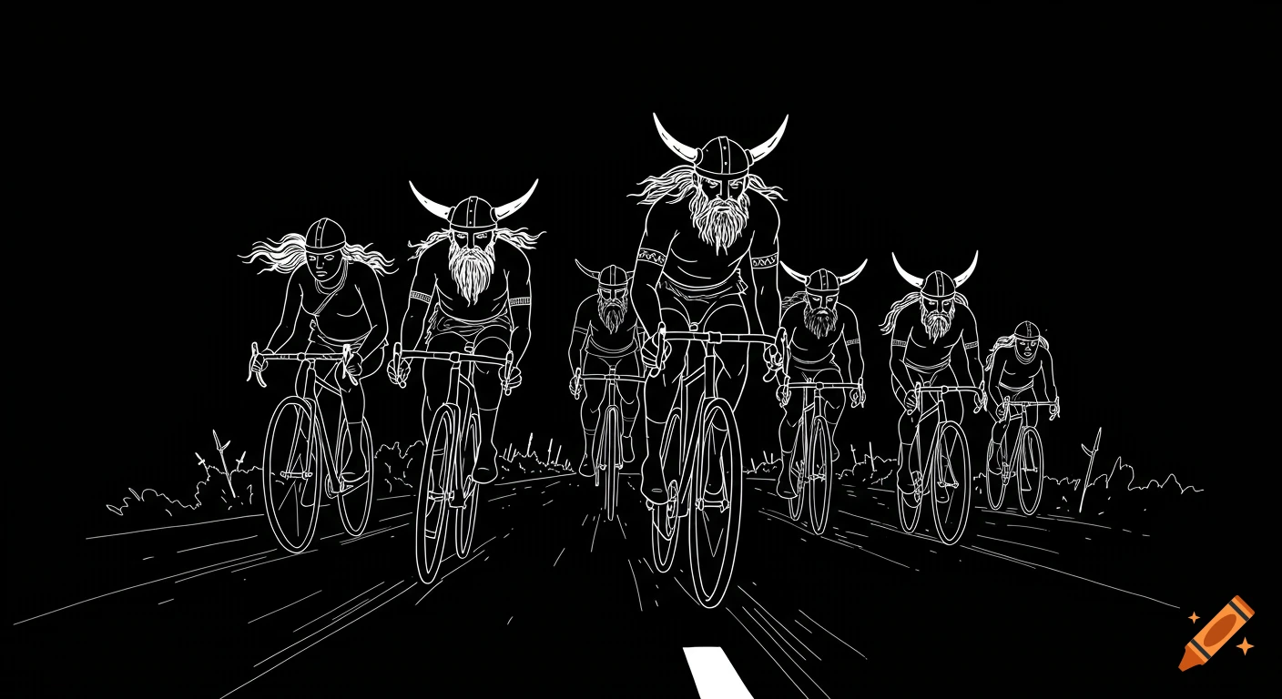 White line drawing of male and female Vikings riding road bicycles on a black background.