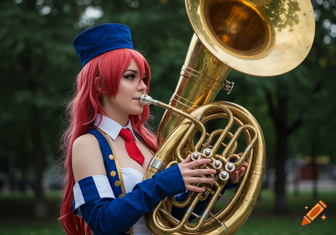 Person in blue and white cosplay with red hair playing a tuba outdoors.