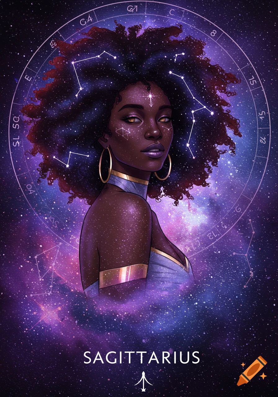 Black woman with cosmic skin and hair, futuristic outfit, stars, zodiac circle, text 'Sagittarius'.