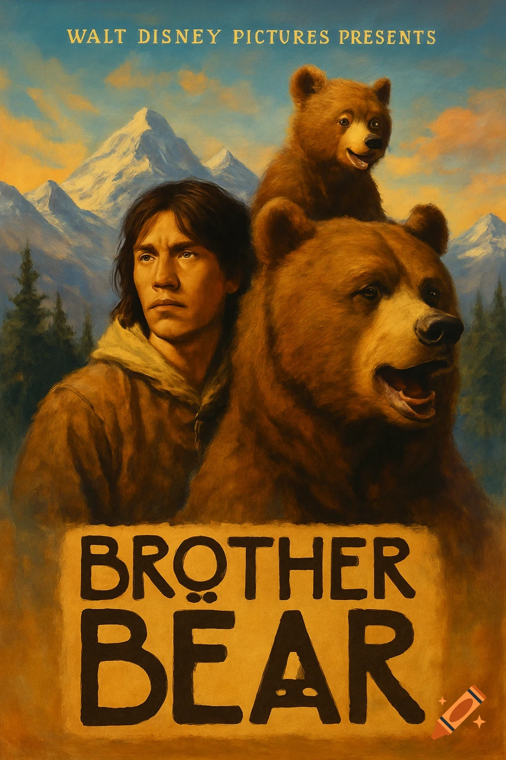 Painted movie poster featuring a man with a large bear and a cub on its head, mountains in the background, and text.